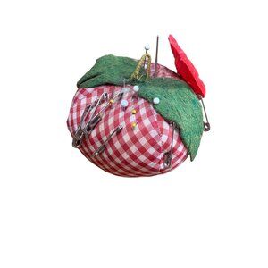 Vintage Gingham Tomato Pin Cushion with Safety Pins & Pins